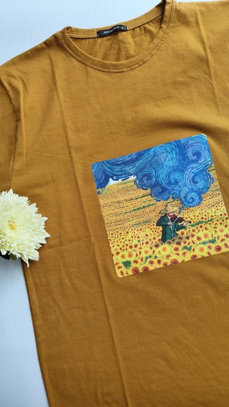 تیشرت زنانه نخ پنبه فری سایز طرح ونگوگ