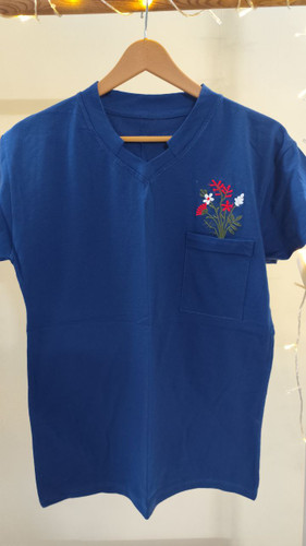 تیشرت زنانه نخ پنبه گلدوزی جیب دار فری سایز سورمه ای