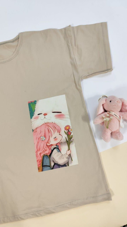 تیشرت زنانه نخ پنبه فری سایز طرح خرگوش و دختر