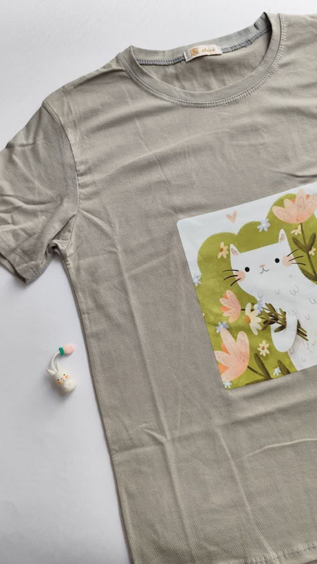 تیشرت زنانه نخ پنبه فری سایز طرح گربه کیوت