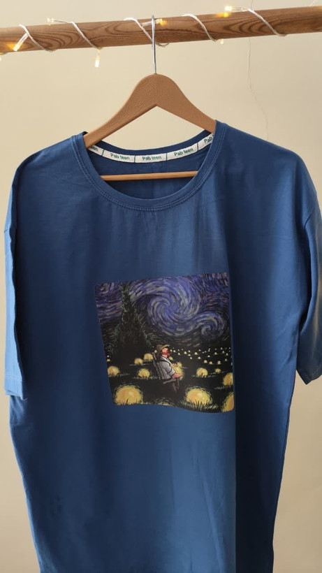 تیشرت زنانه نخ پنبه فری سایز طرح ونگوگ