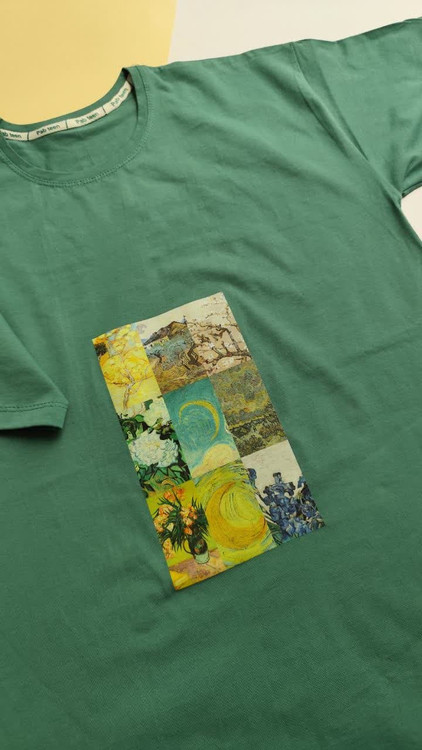 تیشرت زنانه نخ پنبه فری سایز طرح ونگوگ