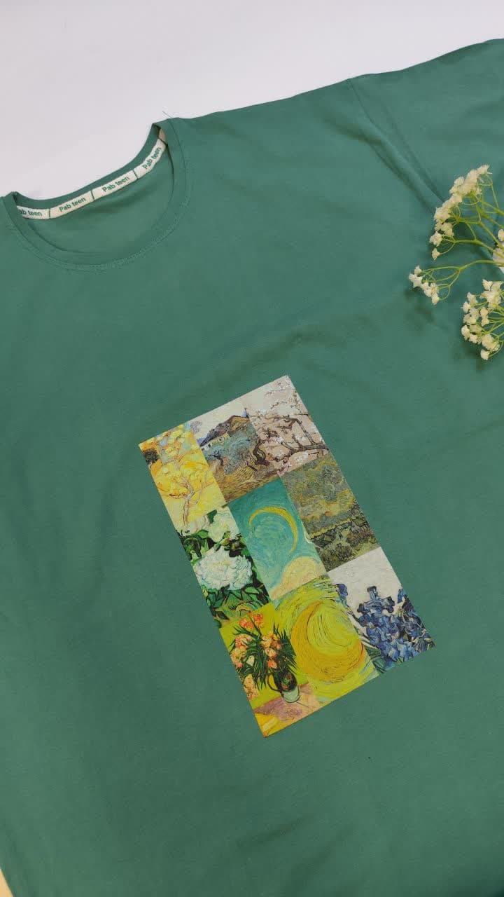 تیشرت زنانه نخ پنبه فری سایز طرح ونگوگ