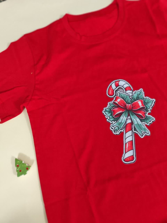 تیشرت زنانه نخ پنبه فری سایز طرح آبنبات کریسمسی