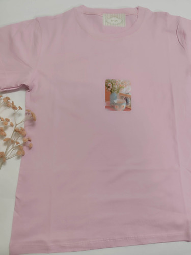 تیشرت زنانه نخ پنبه فری سایز طرح گل و فنجان