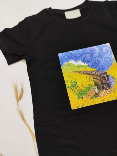 تیشرت زنانه نخ پنبه فری سایز طرح مزرعه قطار ونگوگ