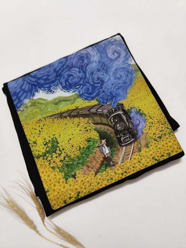 تیشرت زنانه نخ پنبه فری سایز طرح مزرعه قطار ونگوگ