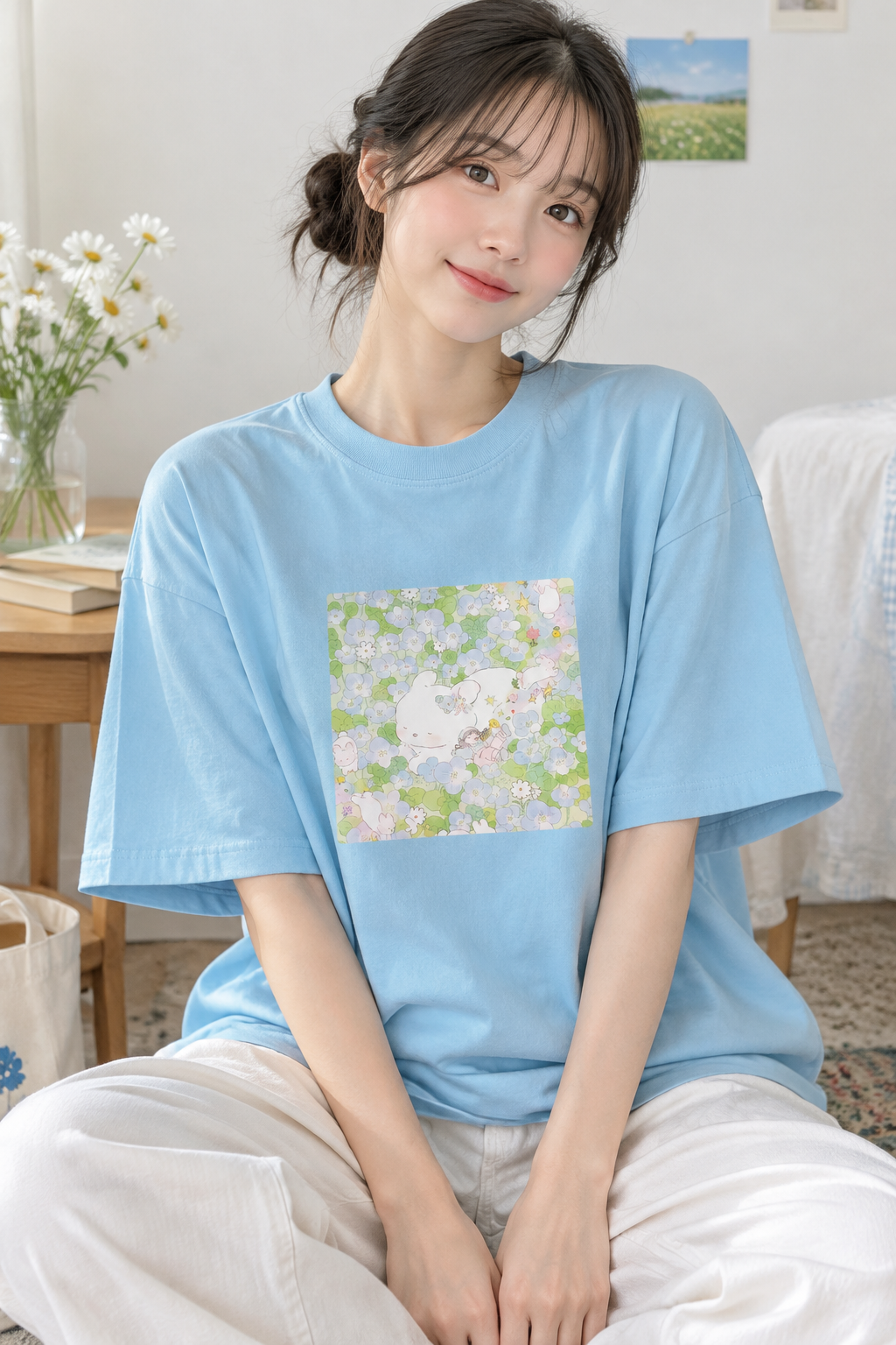 تیشرت لانگ باکسی زنانه طرح خرگوش و مزرعه گل ها